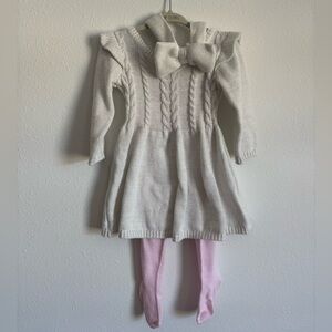 Nannette Toddler Cream Knit Dress with Pink Tights and Headband Bow